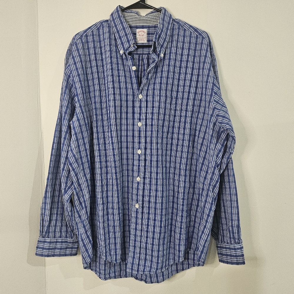 Brooks Brothers Blue Tartan Men's Textured Cotton Polo Button Up Size L